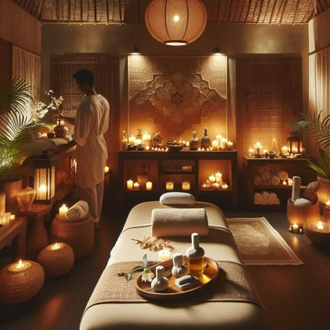 Spa Therapy Room, Bali Massage Room, Luxury Spa Massage Room, Nature Spa Design, Sauna Room Ideas Interior Design, Luxury Salon Decor, Wellness Center Ideas, In Home Spa Room Ideas, Spa Vibes Aesthetic