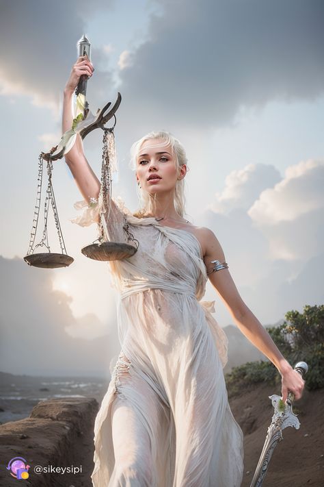 Woman Holding Scales Of Justice, Fairies Tattoo, White Robes, Goddess Of Justice, Neural Art, Scales Of Justice, Lady Justice, In Harmony With Nature, Harmony With Nature