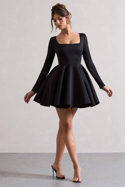 Winslet | Black Square-Neck Skater Mini Dress 26 Aesthetic, Skater Mini Dress, Sleek Updo, Club L London, Black Dress Prom, Black Tie Gala, Casual Day Dresses, Party Dress Long Sleeve, Mini Skater Dress