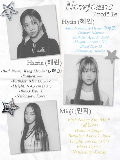 Newjeans Hyein, Haerin and Minji profile ;3 #newjeans #kpop Newjeans Introduction, Newjeans Journal, Newjeans Members, Newjeans Kpop, Newjeans Hyein, Emmy Rossum, Guided Drawing, Yearbook, Trivia