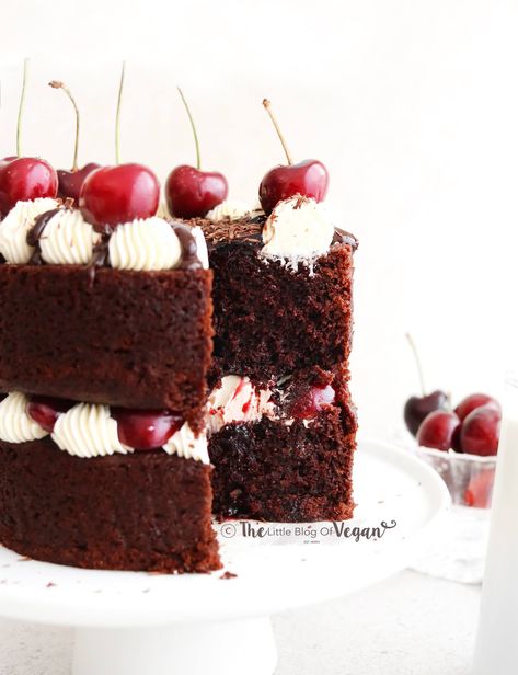 The BEST Vegan Black Forest Cake filled with lots of chocolate and CHERRIES Mini Black Forest Cake, Vegan Black Forest, Vegan Cupcake Recipes, Vegan Cupcake, Cake Branding, Vegan Baking Recipes, Dairy Free Cream, Chocolate Sponge Cake, Vegan Cakes