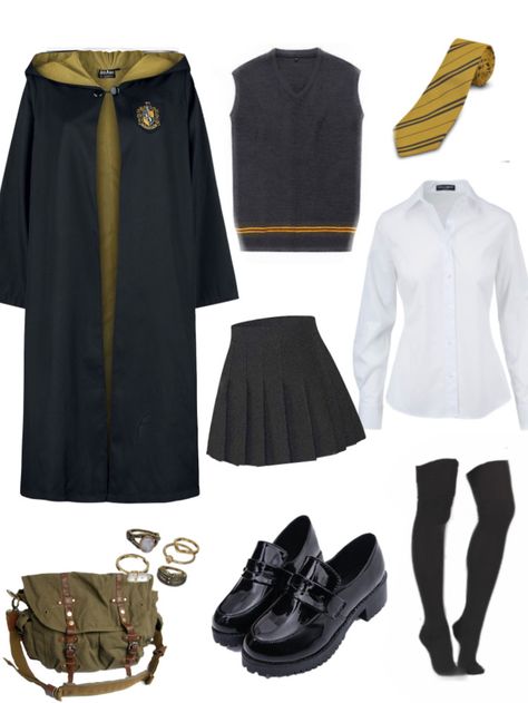 Hufflepuff Outfit Uniform, Hufflepuff Uniform Female, Hufflepuff Female Uniform, Hogwarts Uniform Hufflepuff, Huffle Puff Uniform, Harry Potter Inspired Outfits, Harry Potter Inspired Outfits Hufflepuff, Hufflepuff Dress, Hufflepuff Costume