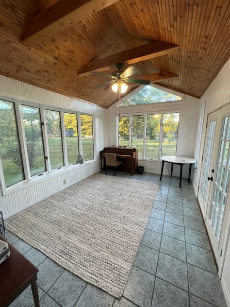 Wood Panel Sunroom Makeover, Sunroom With Wood Ceiling, Sunroom Wood Paneling, Wood Sunroom Ideas, Cedar Sunroom Ideas, Sunroom Wall Ideas, Wood Sunroom, Shiplap Sunroom, Painted Sunroom