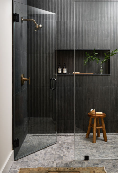 Limestone Wash Bathroom, Side Bathroom Ideas, Moody Washroom, Moody Bathroom Shower Tile, Two Person Shower Walk In Master Suite, Black Bathroom Shower Tile, Moody Shower Tile, Moody Dark Bathroom, Black Shower Ideas