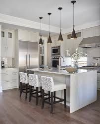 One Side Kitchen Waterfall Island Design Ideas Waterfall Counter, Waterfall Island Kitchen, Waterfall Countertop, Waterfall Island, Grey Kitchen Island, Sink Lights, White Subway Tile Backsplash, Kitchen Cabinets And Countertops, Island Countertops