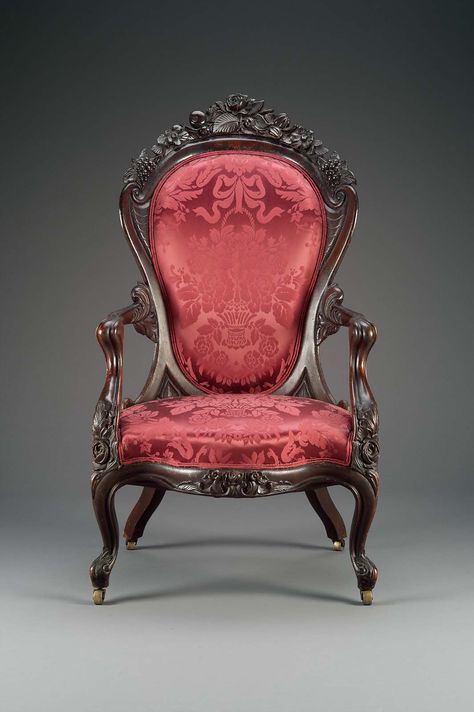 Armchair, "Rosalie" pattern    1844–67  Attributed to John Henry Belter (American, 1804–1863), Attributed to J.H. Belter and Company (1844–1867) Rococo Revival, Parlor Chair, Carved Chairs, Patterned Armchair, Victorian Chair, Hunting Scene, Gothic Furniture, Vintage Chair, Victorian Furniture