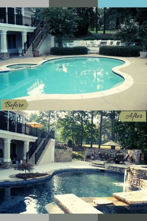 25+ Dazzling Pool Remodel Before and After That Would Blow Your Mind Pool Refinishing Ideas, Old Pool Makeover, Deck Expansion, Pool Upgrades, Cement Pools, Pool Makeover, Pool Resurfacing, Kidney Shaped Pool, Rectangle Pool