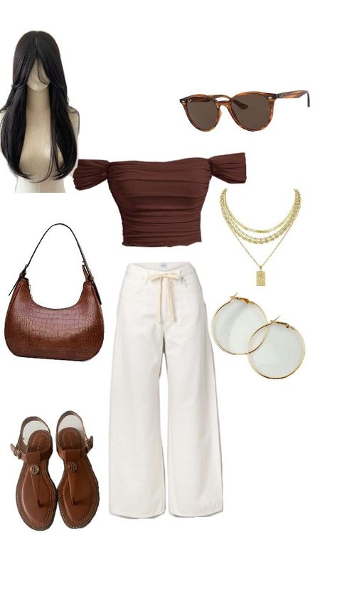 brown top with white trouser casual outfit Trouser Casual Outfit, Brown Casual Outfit, Brown White Outfit, Brown Pants Outfit Ideas, Brown Pants Outfit, Pants Outfit Ideas, Cream Pumps, Trouser Outfit, Outfit Streetwear