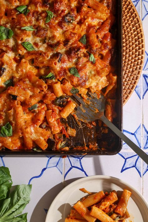 Sheet Pan Baked Pasta Alla Norma, Sheet Pan Pasta Alla Norma, Giada Pasta, Pasta Norma, Sweet Tomato Sauce, Sicilian Pasta, Recipes With Pasta, Giada Recipes, Pasta Alla Norma