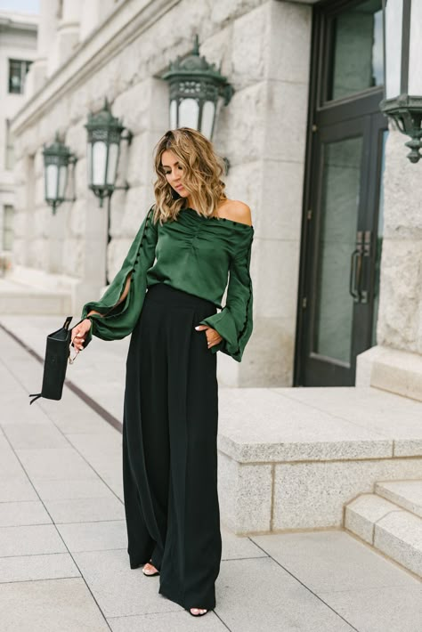 Green off the shoulder long sleeved top/ blouse+black high waisted wide-leg pants+black heels+black handbag+black earrings. Pre-Fall/ Transitional Event/ Party/ Dressy up / Date Outfit 2018 Black Pants Outfit Dressy Party, Black Flowy Skirt Outfit, Wide Leg Pants Outfit Dressy, Black Pants Outfit Dressy, Pants Outfit Dressy, Green Trousers Outfit, Flowy Skirt Outfit, Black Flowy Skirt, Black Heels Outfit