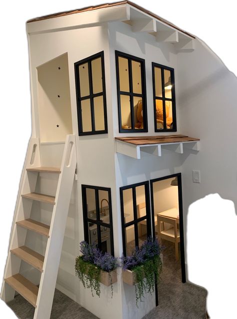 Second Story Loft Playroom, Little Apartment For Kids, Indoor House Playground, Indoor Treehouse Loft, Built In Playhouse Basement, Small Loft Playroom, Indoor Loft Playhouse, Indoor Play Houses, Kids Playroom Loft