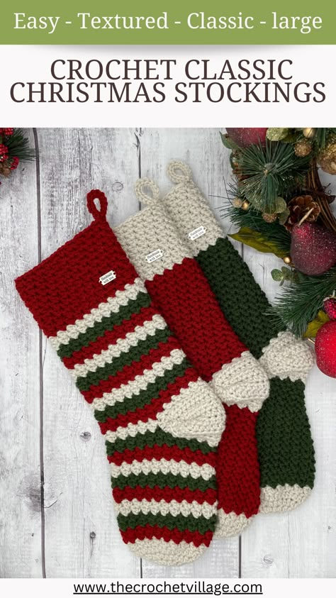 Three crocheted Classic Christmas stocking, Red, Green and Stripped Christmas Stockings Crochet Pattern Free, Selling Crochet Items, Crochet Christmas Stocking Pattern, North Pole Christmas, Crochet Stocking, Stars Align, Crochet Christmas Stocking, Confection Au Crochet, Christmas Stocking Pattern