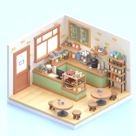 Cosy Coffeeshop on Behance Cafe Isometric, Procreate Rendering, Low Poly Interior, Isometric Rooms, Blender Inspiration, Anime Houses, Blender Art, Isometric Room, Grease Pencil