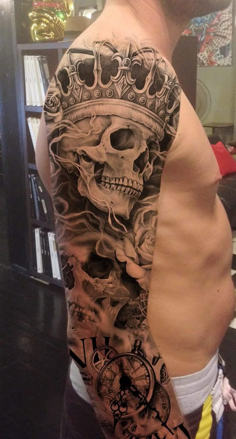 #CoolTattoos #TattooArt #InkMaster #TattooDesigns #InkedUp #TattooLovers #InkInspiration #TattooIdeas #CreativeInk #TattooStyle King Skull Tattoo Design, Crowned Skull Tattoo, Full Arm And Hand Tattoo, King Sleeve Tattoo, Chicano Skull Tattoo, King Tattoo Men, King Skull Tattoo, Skull King Tattoo, Forearm Cover Up Tattoos