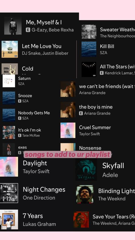 these are ALL added to my playlist and they are some of THE BEST songs I have! Dj Snake, Let Me Love You, G Eazy, I'm Ok, Kill Bill, Skyfall, The Boy Is Mine, Kendrick Lamar, The Weeknd