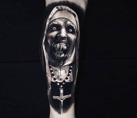 The Nun tattoo by Eliot Kohek | Photo 30450 Nun Tattoo Evil, Hell Raiser Tattoo, The Conjuring Tattoo, Demonic Nun Tattoo, Valak Tattoo, Conjuring Tattoo, Realistic Horror Tattoo, Evil Nun Tattoo, Eliot Kohek