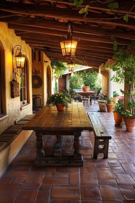 Hacienda Style Patio, Spanish Patio Ideas, Mexican Patio Hacienda Style, Old Spanish Style Homes, Spanish Patio, Best Greige Paint, Best Greige, Outdoor Patio Ideas Backyards, Dream House Garden