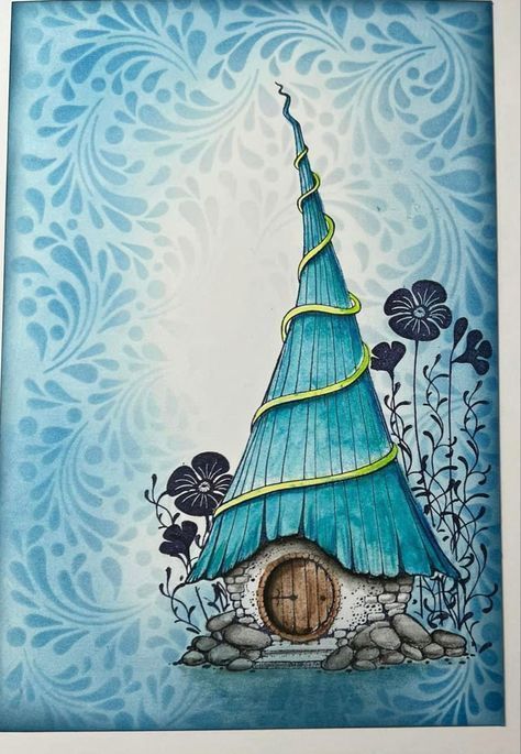 Whimsical Fairy Drawing, Gnome House Painting, Whimsical Art Paintings Fairies, Gnome House Drawing, Christmas Cards Gnomes, Fairy Mushroom Drawing, Fairy Doodle, Whimsical Buildings, Whimsey Stamps