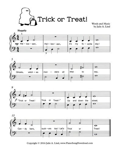 Trick or Treat, free printable Halloween sheet music for piano. Halloween Piano Sheet Music, Halloween Sheet Music, Halloween Music Lessons, Halloween Piano, Piano Easy, Free Piano Sheets, Hymn Sheet Music, Halloween Crafts Preschool, Free Printable Halloween