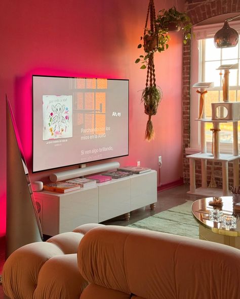 My living room makeover featuring moody pink walls, lots of vintage furniture, and little accents of colorful home decor.💖 Swipe to the end to see the wide view shot of the whole space. I don’t think I’ve ever shown this room from this perspective before, but she finally looks good from any angle.🤗 What do we think of the new look?? #apartmenttherapy #apartmentdecor #apartmenthunting #livingroomdecor #livingroommakeover #pinkhomedecor #girlydecor #eclecticdecor Pink Accents Living Room, Tv Light, Apartment Stuff, Tv Backlight, Colorful Home Decor, Apartment Makeover, Apartment Living Room Design, Dream Apartment Decor, Pink Living Room