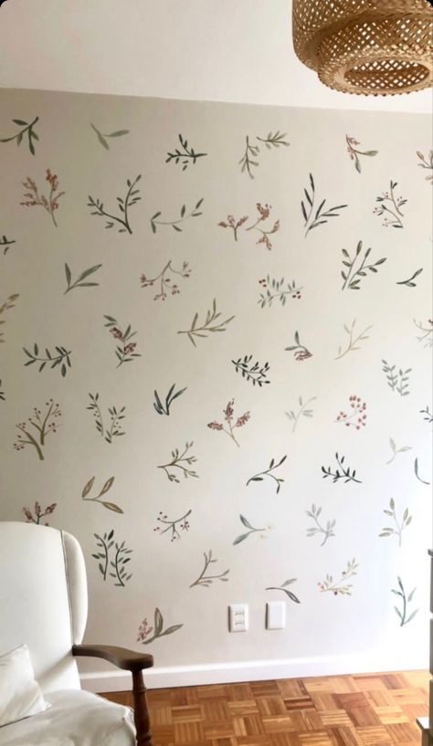 Hand Painted Wall Pattern Floral, Nursery Hand Painted Wall, Hand Painted Flowers On Wall, Bookshelf Mural, Hand Painted Murals For Home, Hand Painted Nursery Wall, College House Bedroom, Hand Painted Floral Wall, Wall Painting Flowers