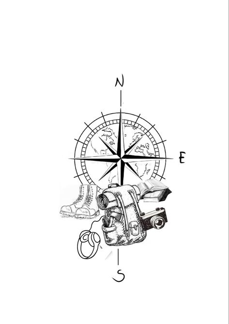 Hiking Compass Tattoo, Trekking Tattoo Ideas, Backpacking Tattoo Ideas, Backpack Tattoo Travel, Rafting Tattoo, Trekking Tattoo, Backpacker Tattoo, Backpacking Tattoo, Tattoo Camping