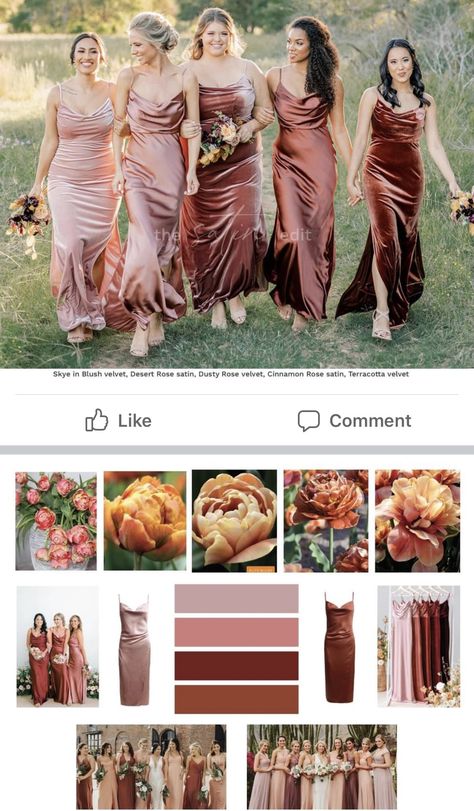 Rust Mauve Wedding, Rust Rose Bridesmaid Dress, Burnt Rose Bridesmaid Dress, Copper And Pink Wedding, Two Bridesmaids Only, Dusty Rose And Terra Cotta Wedding, Sunset Color Palette Wedding Bridesmaid, Pink Fall Wedding Colors, Canyon Rose Bridesmaid Dress