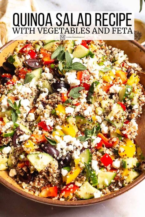 Mediterranean Quinoa Salad with Peppers, Cucumbers, Olives and Feta Betr Recipes, Mediterranean Lunches, Salad With Peppers, Salad Mediterranean, Silent Reflux, Mediterranean Dining, Mediterranean Quinoa, Quinoa Salad Recipe, Med Diet