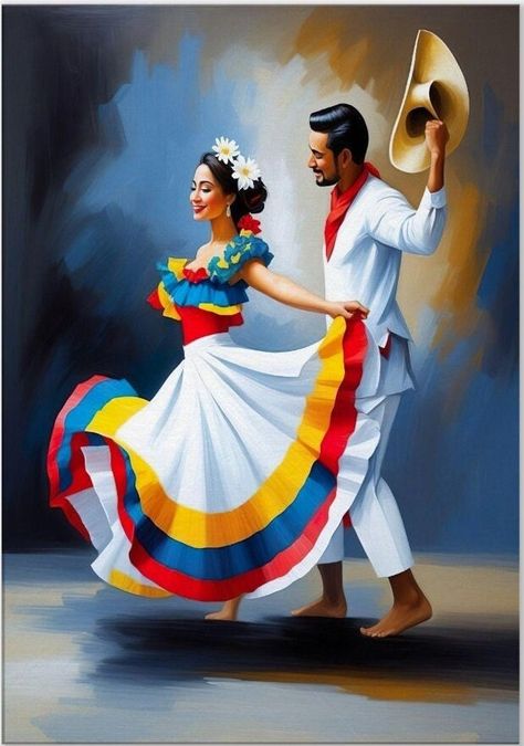 Cumbia is Colombia's national dance, one of its most representative rhythms and the source and inspiration behind much of the country's popular music.  Cumbia, just like Colombia, is a blend between European, African and indigenous cultures. It was born on Colombia's Caribbean coast where it was originally an African courtship dance that evolved with the addition of African, European and indigenous instruments and indigenous dance steps.  Transport cost: free of charge. Printed with HP Latex Ink Cumbia Dancing, Colombian Dance, Dance Mexican, Colombia Culture, Indigenous Dance, Colombia Poster, Colombia Art, Latina Aesthetic, Colombian Culture