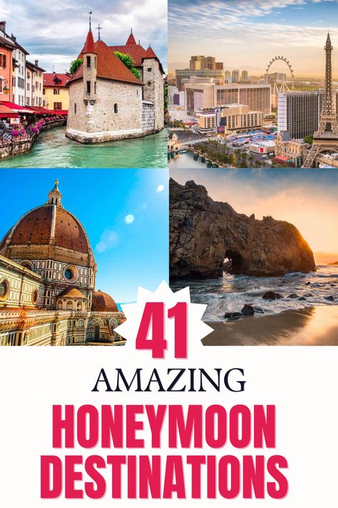 A grid of four honeymoon destinations including Big Sur, Florence, and Las Vegas Affordable Honeymoon Destinations, Fall Honeymoon, Honeymoon Destinations Usa, Affordable Honeymoon, Usa Destinations, Go Usa, Honeymoon Destination Ideas, Best Honeymoon Destinations, Usa Beaches