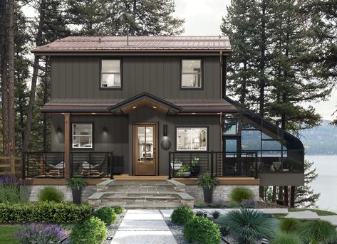 8 Rustic Paint Colors for Home Exteriors - brick&batten Gray Green Exterior Paint Colors, Rustic Exterior House Colors, Dark Exterior House, Frame Addition, Rustic Paint Colors, Green Exterior Paints, Cedar Shingle Siding, Wyoming House, Log Cabin Exterior