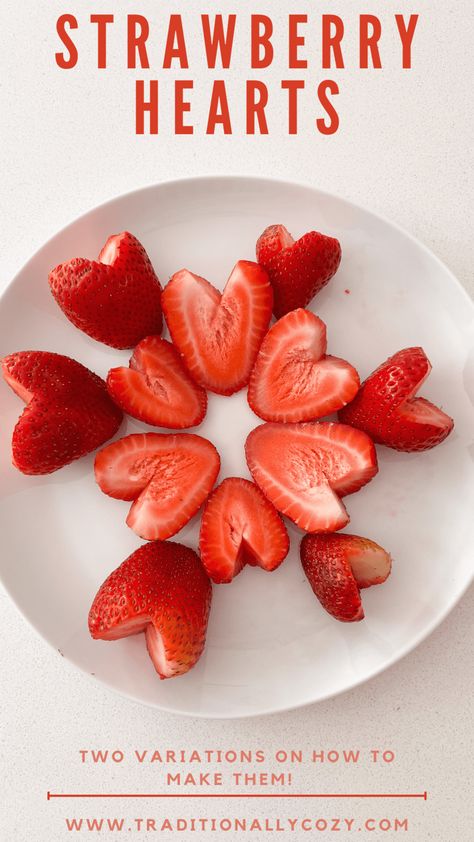 Heart Shaped Strawberries Valentines Day, How To Make Heart Strawberries, Heart Shape Strawberries, Strawberry Hearts How To Cut, Simple Kids Party Food, How To Cut Strawberries Into Hearts, Cute Ways To Cut Strawberries, Strawberry Themed Charcuterie Board, How To Cut Strawberries For Decoration