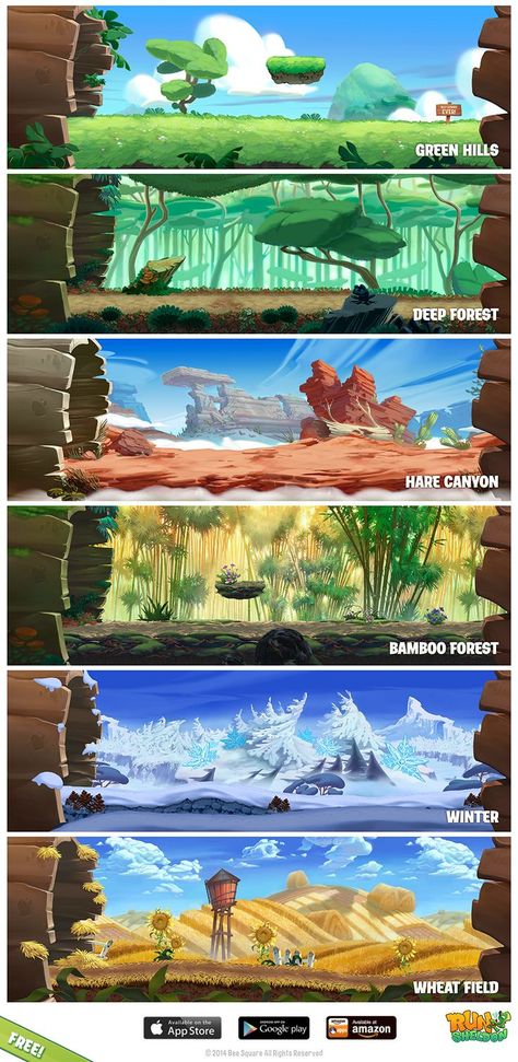 First Thought - I like how this image provides a diverse range of views of a very similar environment. This could be reflected in animations via a change of seasons etc.: Animation Background Art Illustration, Game Environment Design, 2d Game Background, Concept Art Landscape, Game Art Environment, Background Inspiration, 2d Game Art, Game Environment, Landscape Concept