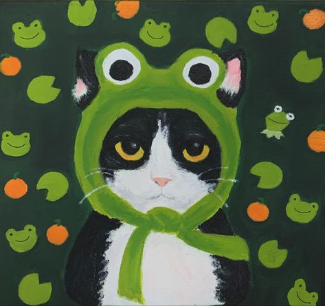 Cat With Frog Hat Drawing, Cat Head Painting, Cat With Mushroom Hat Drawing, Cat With Frog Hat, Cat With Scarf Drawing, Cat And Frog, Frog Cat, Cats In Costumes Drawing, Cartoon Cat Painting