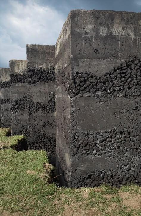 Black Concrete, Rammed Earth Wall, Concrete Houses, Concrete Architecture, Deck Designs Backyard, Concrete Block, Concrete Building, Rammed Earth, Concrete Texture