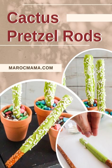 Pretzel Crafts, Encanto Snack Table, Pretzel Cactus Sticks, Plant Themed Snacks For Kids, Cactus Snacks, Cactus Pretzels, Wild West Snacks For Kids, Cactus Food Ideas, Cactus Pretzel Rods