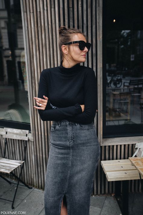 Black Jeans Skirt Outfit, Denim Pencil Skirt Outfit, Jeans Skirt Outfit, Grey Denim Skirt, Denim Midi Skirt Outfit, Black Denim Skirt Outfit, Long Jeans Skirt, Black Denim Midi Skirt, Denim Skirt Outfit