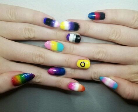 Pride Flag Nails Designs, Gender Fluid And Lesbian Flag, Nonbinary Flag Nails, Gender Fluid Nails, Gender Fluid Tattoo, Lesbian Flag Inspired Outfit, Pan Flag Nails, Nonbinary Nail Art, Trans Flag Nails