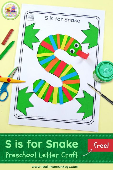 This free cut and paste "S is for Snake" printable is a very simple craft activity for preschoolers - perfect if you're teaching phonics and the letter "S"! Letter S Lessons For Preschool, S For Snake Preschool Craft, S Is For Snake Preschool, Phonics Letter S Activities, Preschool Letter S Crafts, Letter S Craft Preschool, Letter S Snake Craft, S Is For Snake Craft, Letter S Crafts For Kindergarten