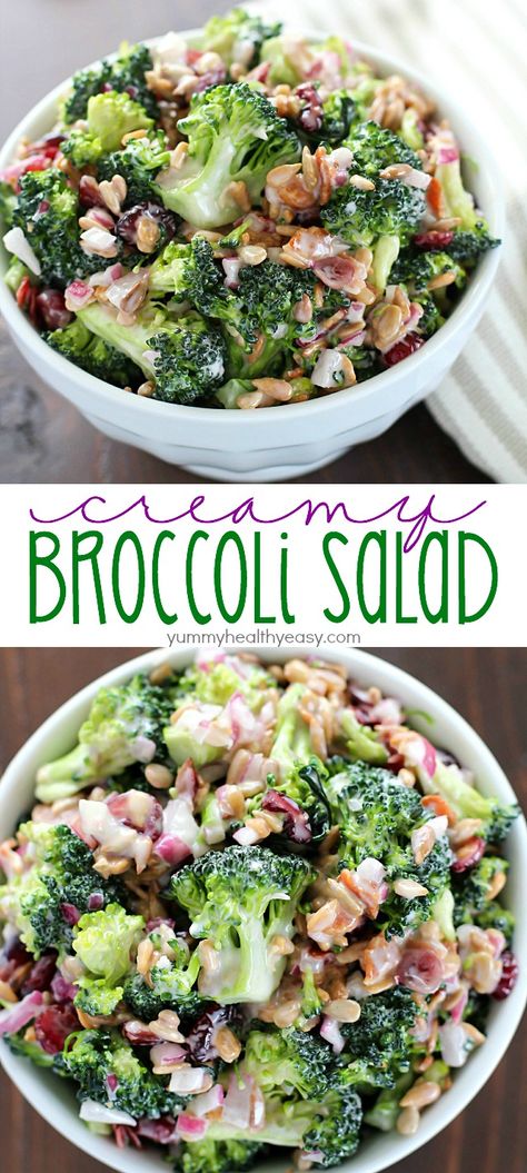 Creamy Broccoli Salad - Full of fresh broccoli, red onion, dried cranberries, sunflower seeds and bacon mixed in a creamy, delicious dressing. Always a hit! Broccoli Salad Dressing, Creamy Broccoli Salad Recipe, Creamy Broccoli Salad, Salad Kale, Creamy Broccoli, Broccoli Salad Recipe, Salad Pasta, Easy Side Dish, Fresh Broccoli