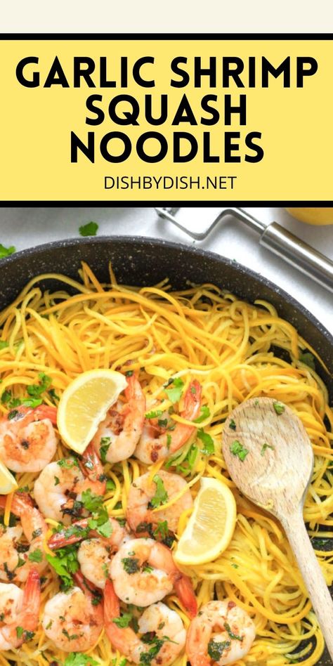 This recipe for garlic butter shrimp and yellow squash noodles are the perfect summer food! Light, low-carb and naturally gluten-free, you can make this quickly and easily! | squash noodles | summer squash recipes | zoodles | shrimp whole30 | whole30 shrimp | shrimp recipes | butter shrimp | healthy squash recipes | low carb keto | keto low carb | paleo recipes | gluten free recipes | easy dinner ideas #paleorecipes #dinnerideas #ketorecipes #glutenfreerecipes #lowcarbrecipes Yellow Squash Keto Recipes, Shrimp And Yellow Squash, Spiral Squash Recipes, Shrimp And Zoodles Healthy, Yellow Squash Spaghetti Recipes, Pescatarian Paleo Recipes, Yellow Squash Zoodles, Low Carb Yellow Squash Recipes, Spaghetti Squash Recipes Shrimp