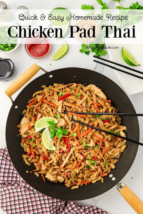 Overhead view of chicken pad Thai in a wok Simple Pad Thai Recipe, Easy Chicken Pad Thai, Pat Thai Recipe, Pad Thai Recipe Chicken, Chicken Pad Thai Recipe Easy, Recipes With Rice Noodles, Simple Pad Thai, Pad Thai Recipe Easy, Easy Pad Thai Recipe