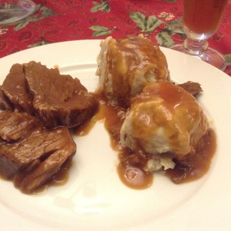 Sour Beef and Dumplings (Sauerbraten) Sour Beef And Dumplings Baltimore, Sour Beef And Dumplings, Beef And Dumplings, Bohemian Food, Dark Bread, Sauerbraten Recipe, Potato Dumpling Recipe, Potato Dumpling, Easy Dumplings