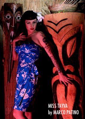 Miss Tayva by MARCO PATINO 2004  #pinup #retro #vintage #cheesecake #vintage hair #vintage makeup #tattoos #tiki Goth Tiki Outfit, Tiki Photoshoot, Vintage Tiki Outfit, Tiki Outfit, Vintage Cheesecake, 1950s Tiki Fashion, Tiki Dress Vintage, Bamboo Bar, Mai Tai