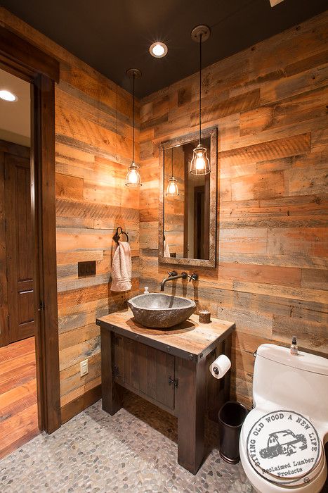 Reclaimed wood used in a bedroom as a featured wall  #reclaimed #reclaimedwood #homedecor #rustic #barnwood Cool Paneling Ideas, Barn Bathroom Overstock, Rustic Wood Furniture Bathroom, Barnwood Bathroom Ideas, Wood Accent Wall In Bathroom, Rustic Walls Ideas, Cedar Interior Walls, Cedar Bathroom Walls, Rustic Trim Ideas