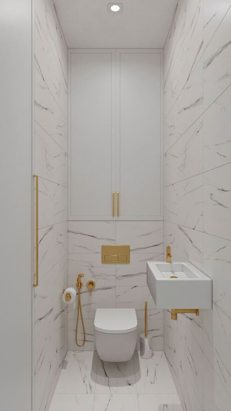 Small Bathroom Ideas Gold, White Gold Bathroom Ideas, Classic Toilet Design, Bathroom White Gold, Small Bathroom White, Gold White Bathroom, White Guest Bathroom, Luxury Toilet Design, White Gold Bathroom