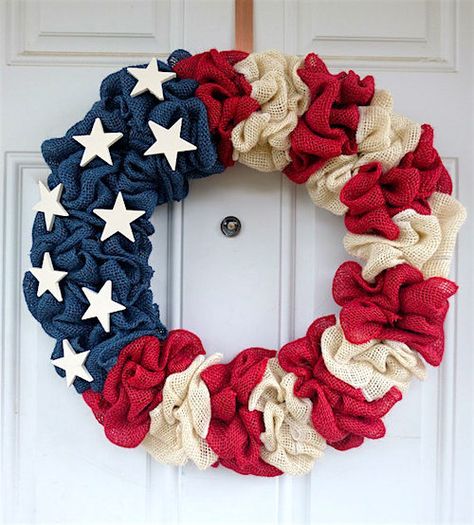 Patriotic Decorations: How to Make a Burlap Wreath. Bring a touch of Americana to your front door with these easy burlap summer wreaths ideas. Thanks Etsy owner @AllDoorsWreaths for letting us share. #wreaths #patriotic #crafts Patriotic Door Decorations, Patriotic Burlap Wreath, Burlap Wreath Tutorial, American Flag Wreath, Flag Wreath, Fourth Of July Decorations, Wreath Project, July Wreath, July Fourth