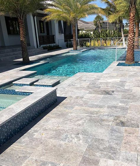 Marble Pool Deck, Travertine Pool Tile, Poolside Design, Travertine Pool Deck, Travertine Pool Decking, Travertine Deck, Pool Paving, Pool Decking, Silver Travertine