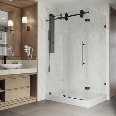 VIGO 36 in. x 79 in. Frameless Corner Sliding Shower Door in Matte Black Frameless Sliding Doors, Black Shower Doors, Shower Sliding Glass Door, Frameless Sliding Shower Doors, Frameless Shower Door, Tub Doors, Frameless Shower Doors, Sliding Shower Door, Basement Bathroom