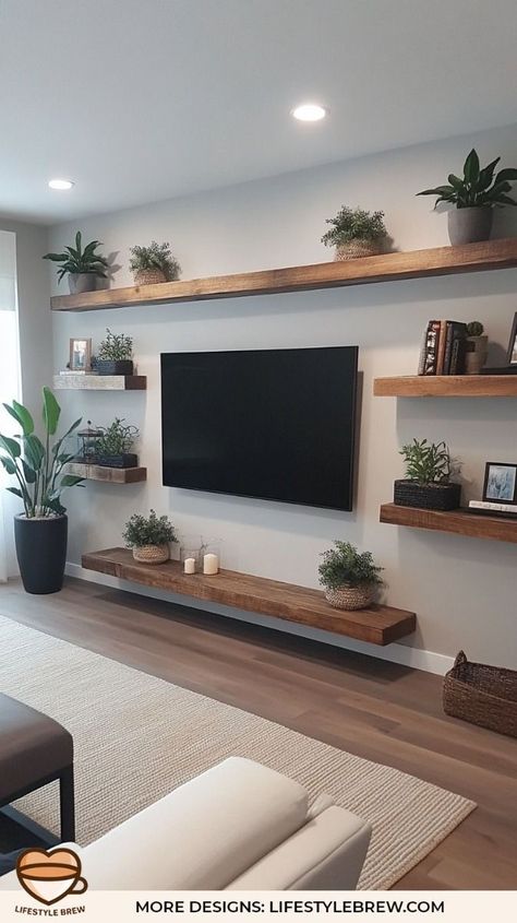 Simple Home Furniture Ideas, Pictures On Wall Ideas Living Room Layout Floating Shelves, Rustic Lounge Room Ideas, Flat Wall Living Room Ideas, Tvs On Walls Ideas, Plants Under Tv Living Rooms, Tv Wall For Living Room, Hanging Television Ideas, Lounge Wall Decor Ideas